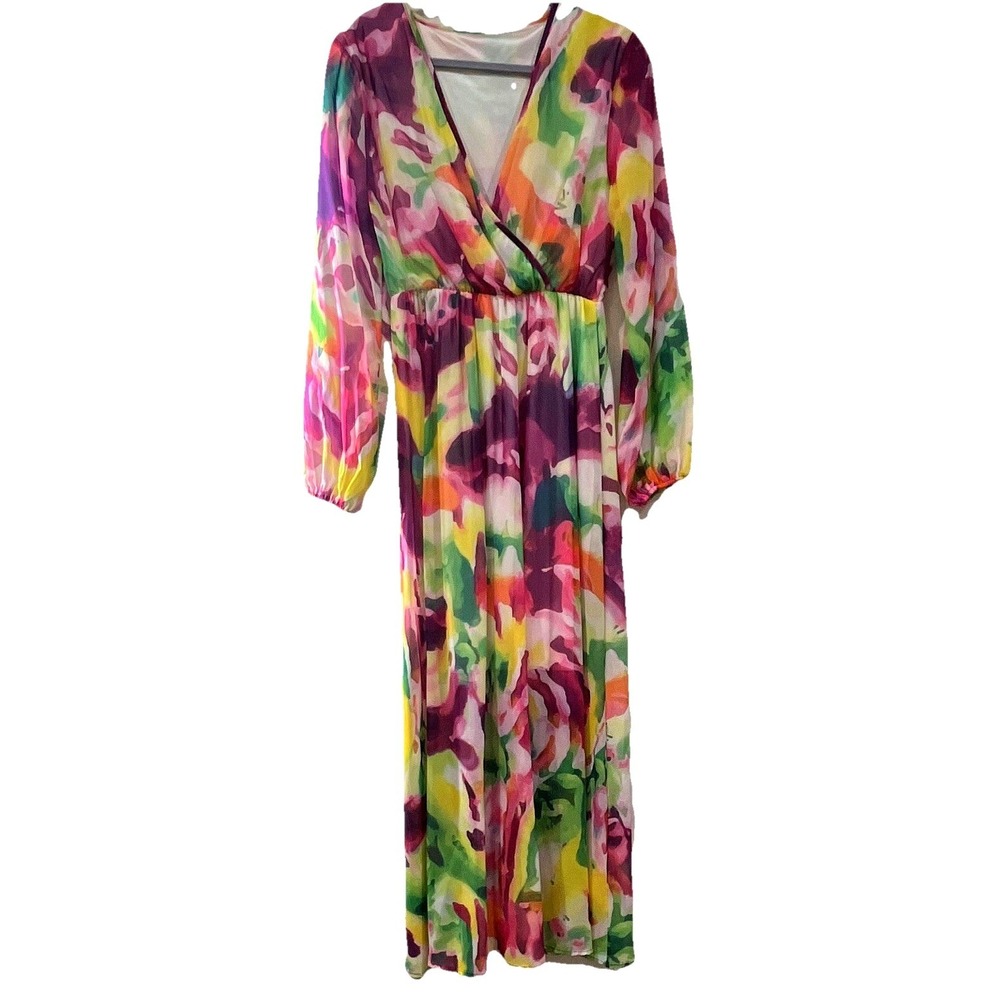 Womens Floral Watercolor Maxi Dress Long Sleeve V-Neck Wrap Faux Elastic Waist